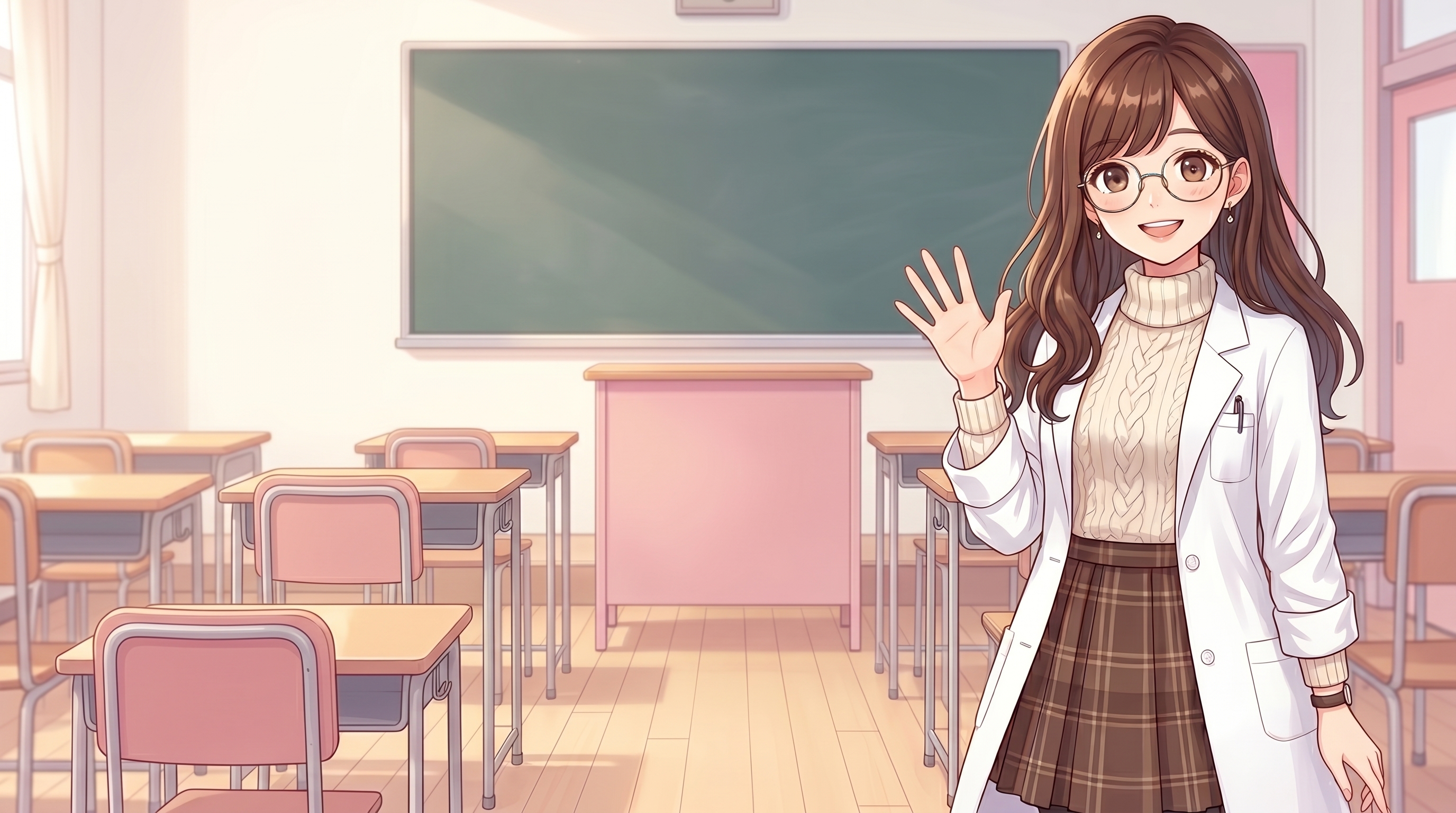 笑顔で手を振って歓迎する校長カナ先生