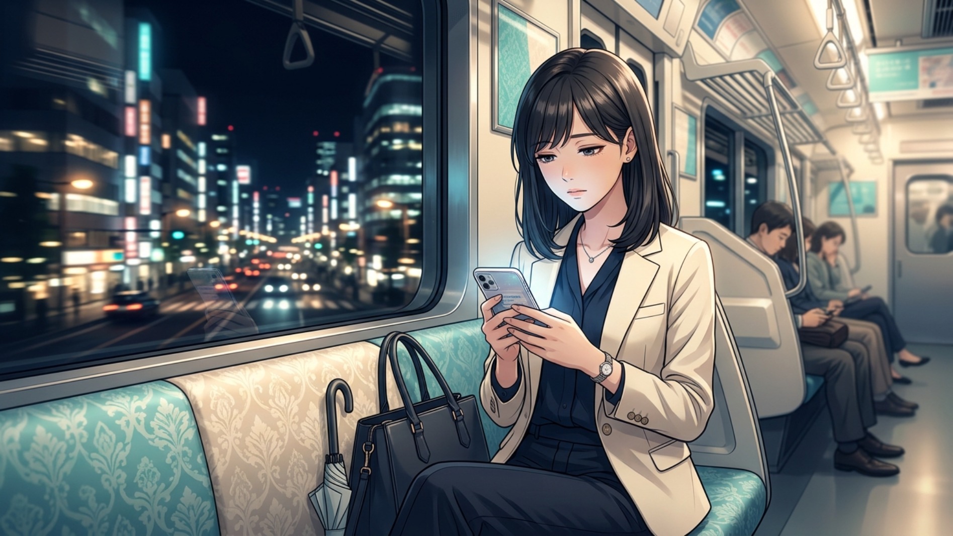 残業帰りにスマホの未読メッセージを見て疲れた表情の女性