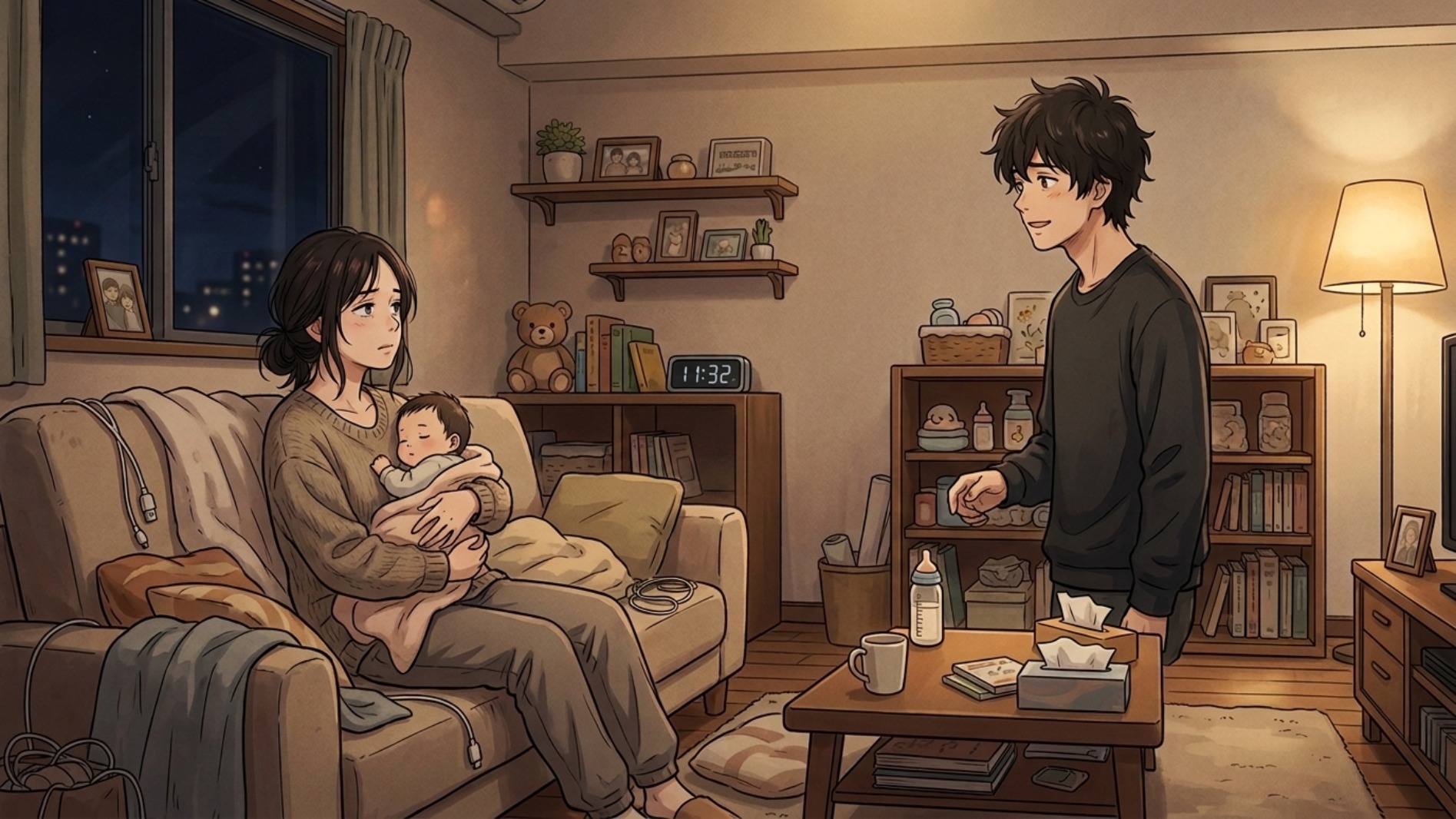 夜のリビング、赤ちゃんを抱く妻と話しかける夫——同じ部屋にいるのに、少しだけ遠い