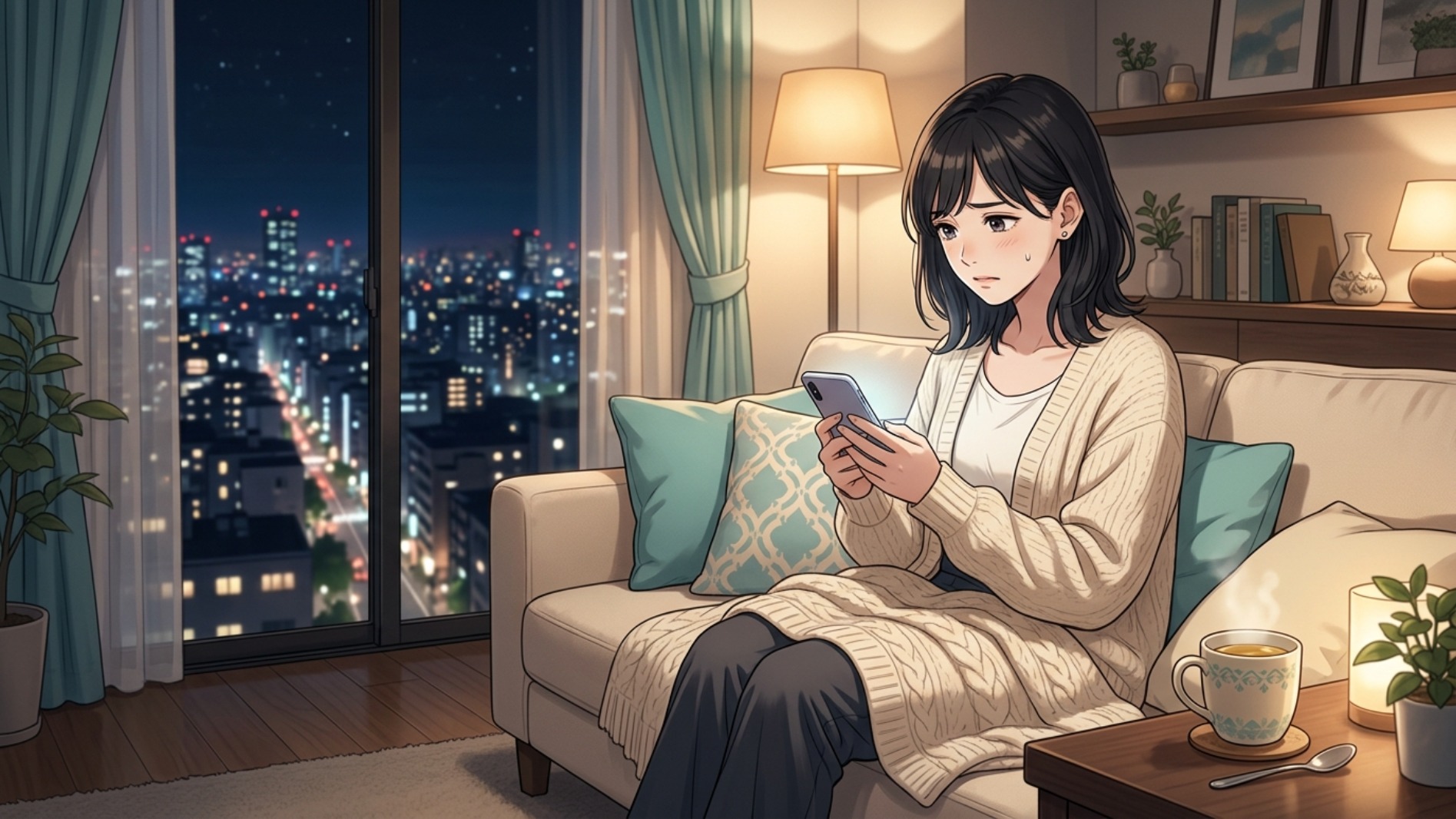 夜、スマホの返信を待ちながら不安になる女性