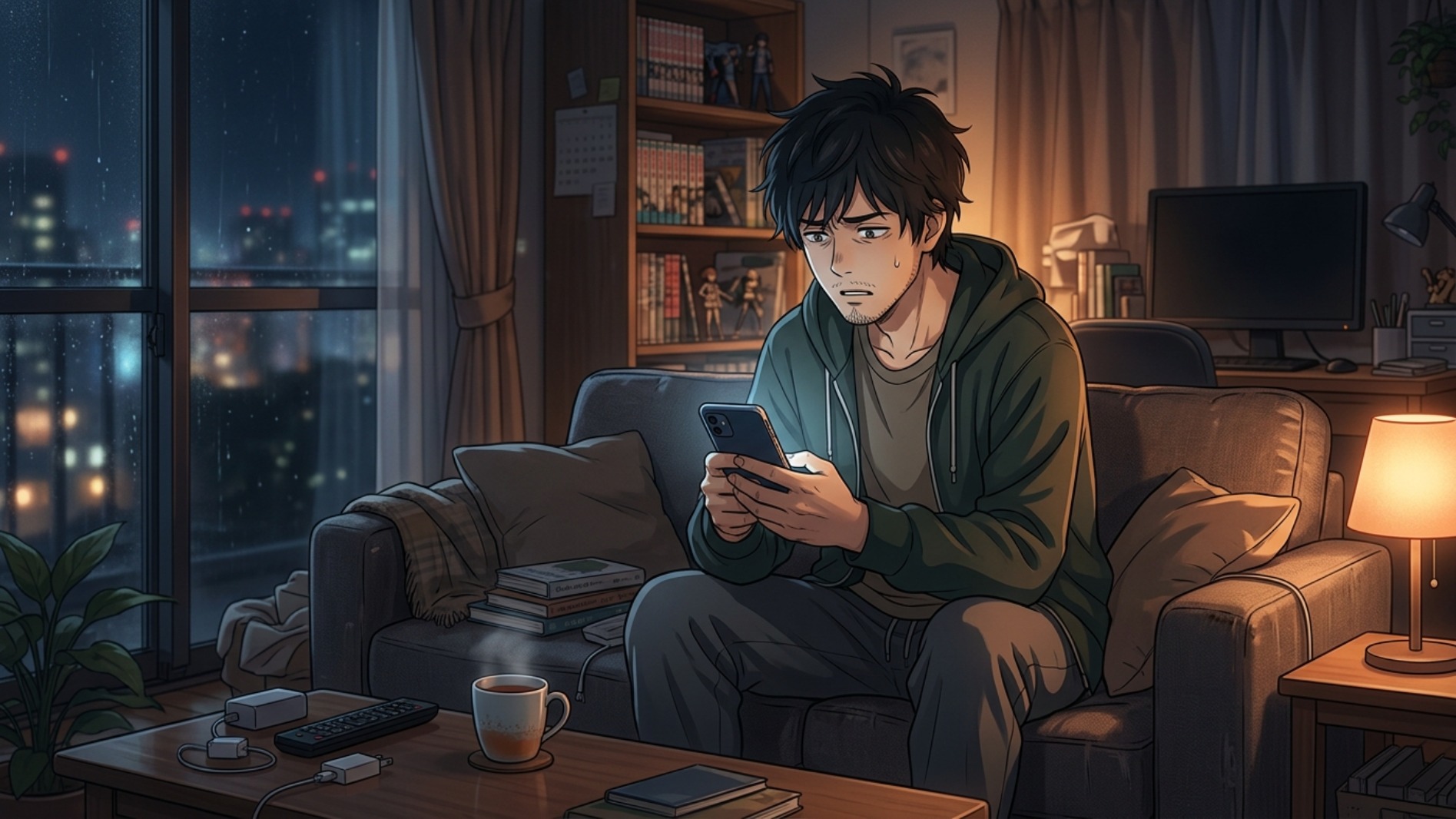 夜、スマホのメッセージを見つめて考え込む男性