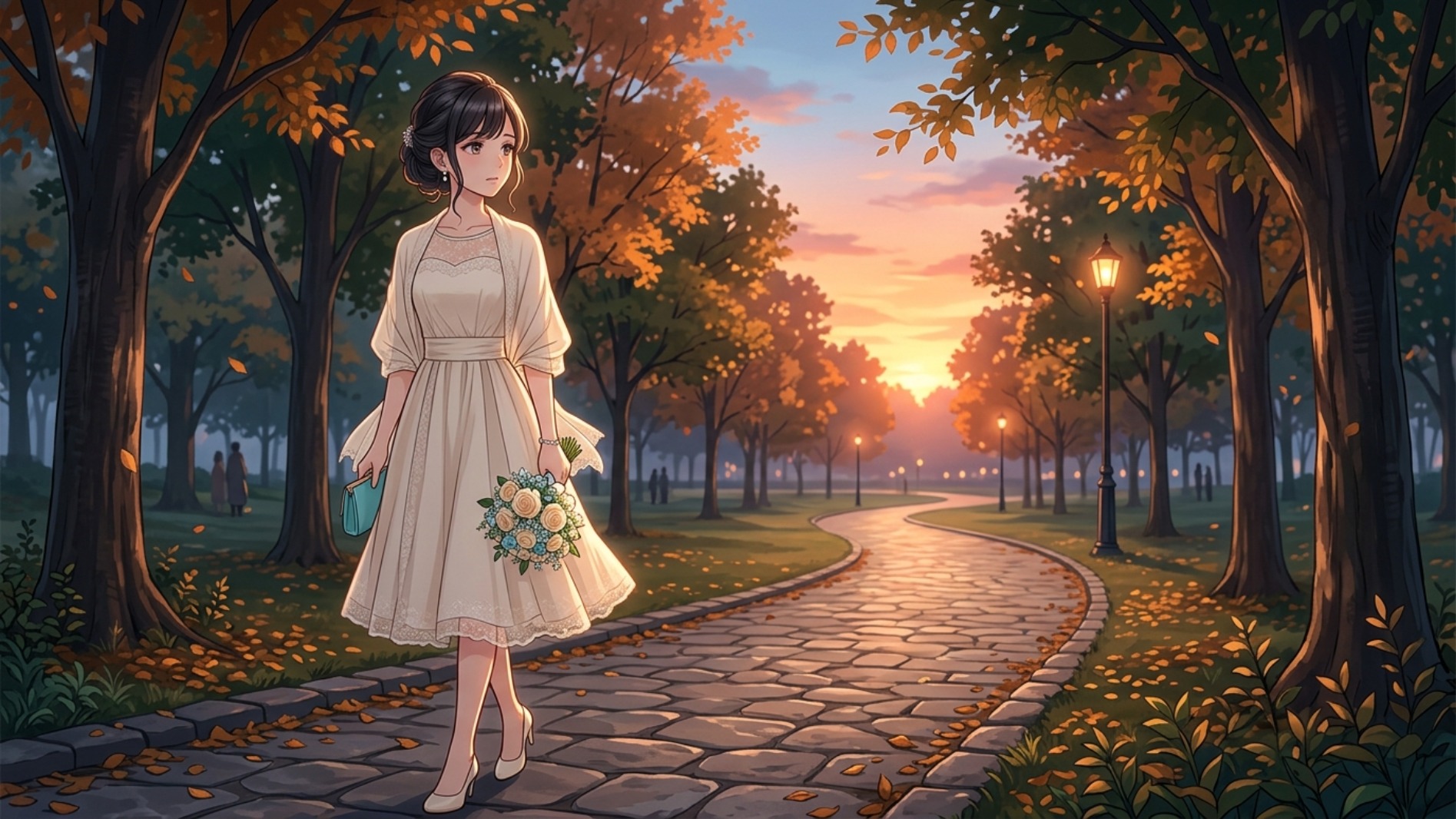 友人の結婚式の帰り道、夕暮れの中で考え込む女性