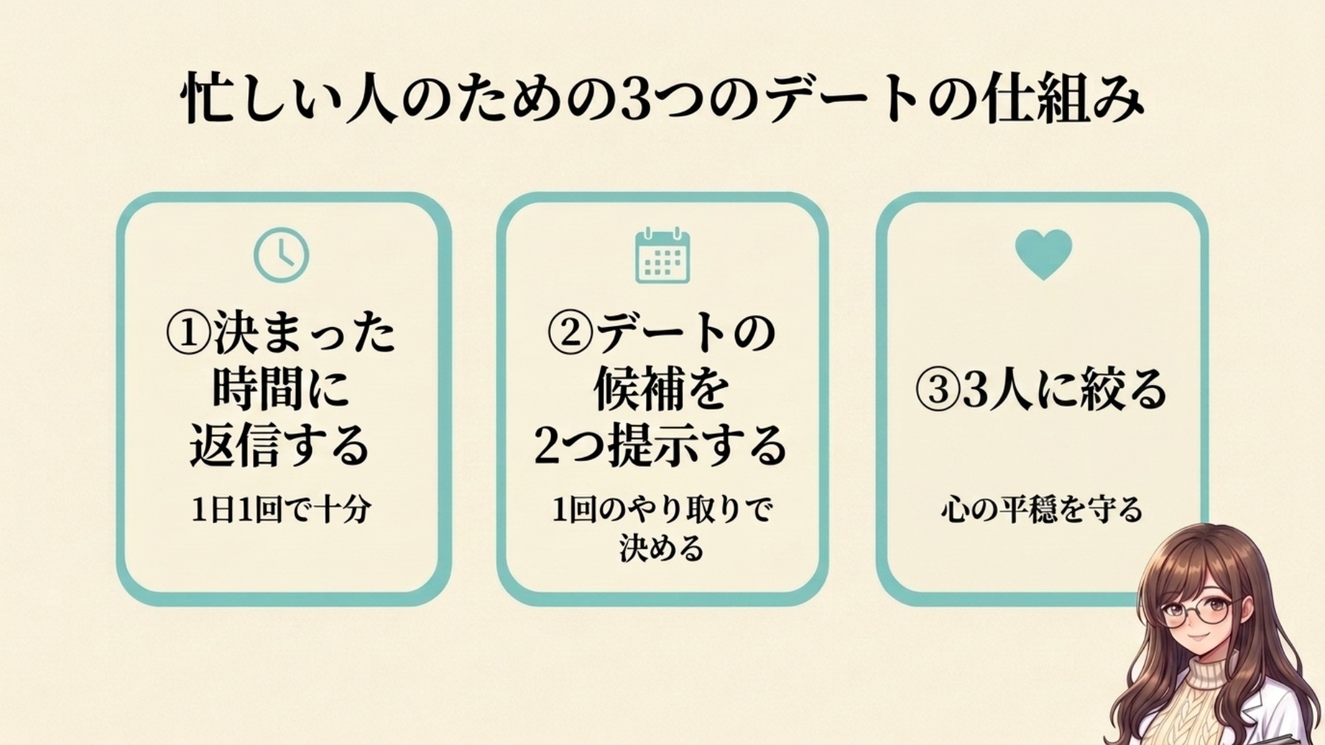 忙しい人の婚活3つの仕組み——返信は決まった時間に・日程は2択で提案・相手は3人まで